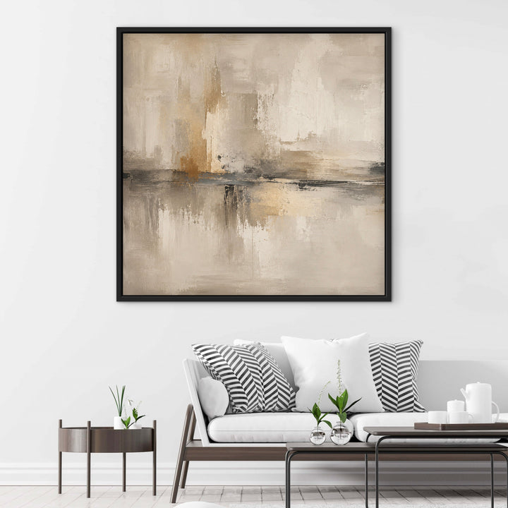 Como square neutral framed canvas above a modern white sofa