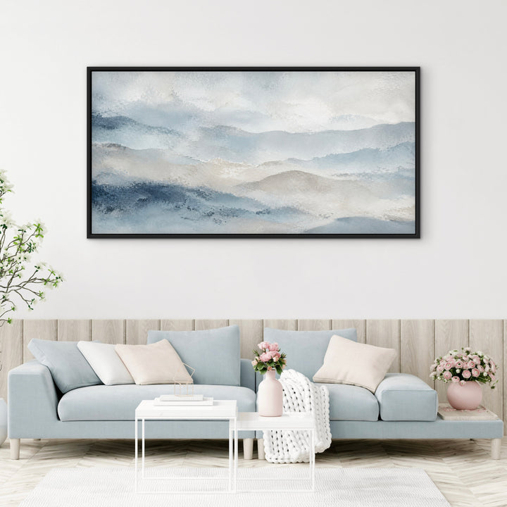 Blue Essence blue and cream framed canvas above a pale blue sofa