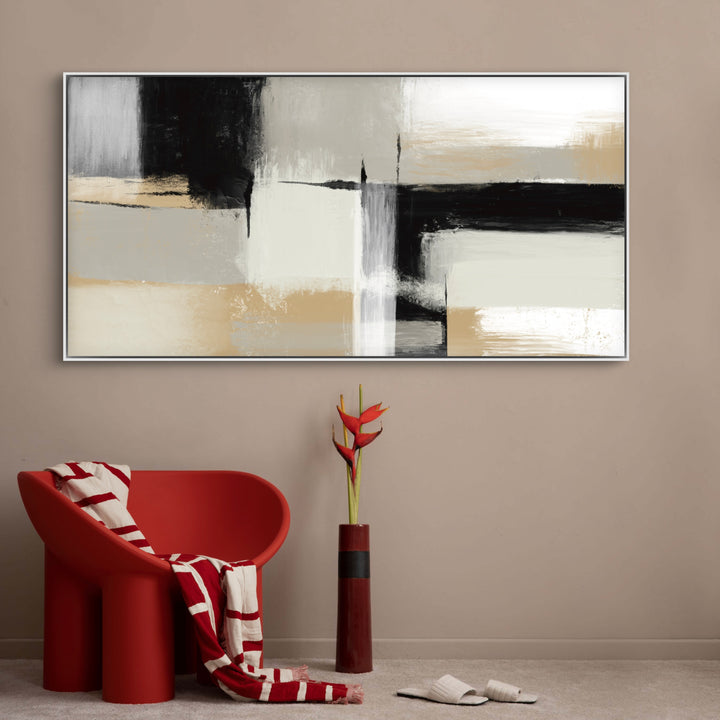 Elegant Abstract Wall Art Decor Styled with Red Sculptural Lounge Chair, Red-and-White Striped Throw, Tall Red Vase with Tropical Flower, Neutral Taupe Wall. Perfect for Contemporary Reading Nook.