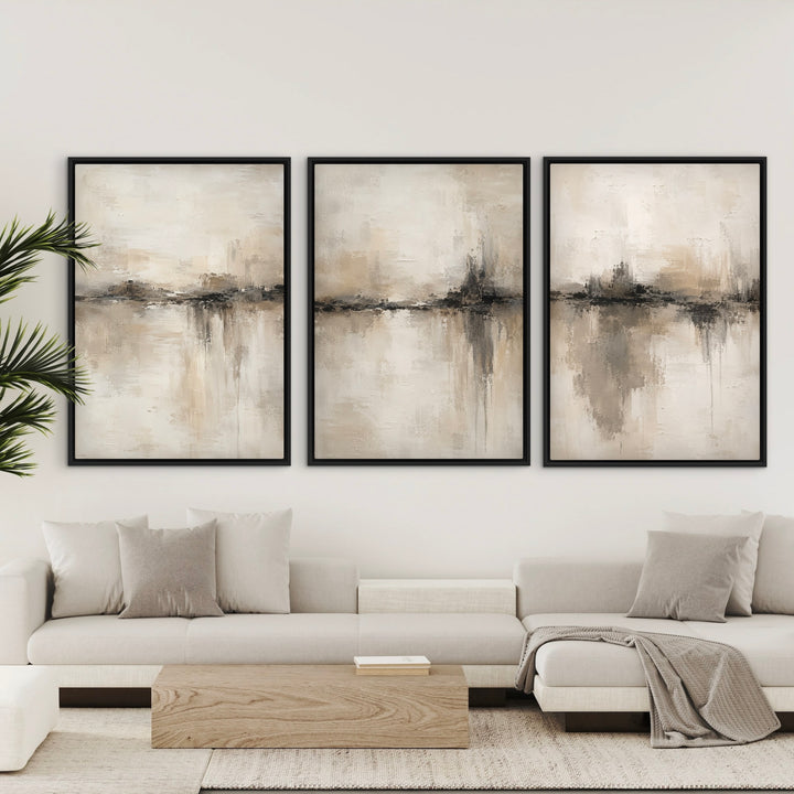 Nude Reflection neutral abstract triptych above a white sectional sofa