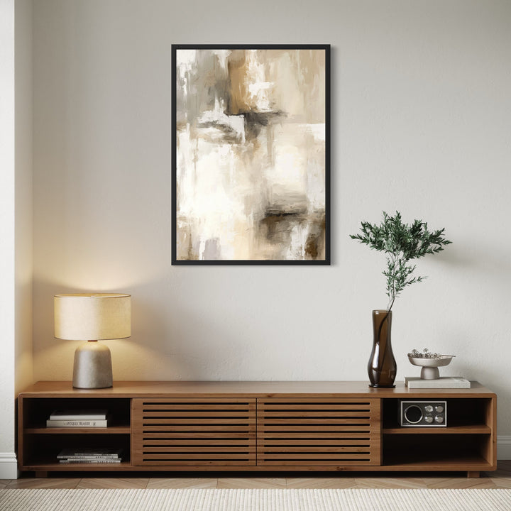 Framed Canvas - Santorini displayed in a bright modern interior with coastal styling