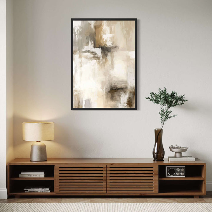 Framed Canvas - Santorini displayed in a bright modern interior with coastal styling