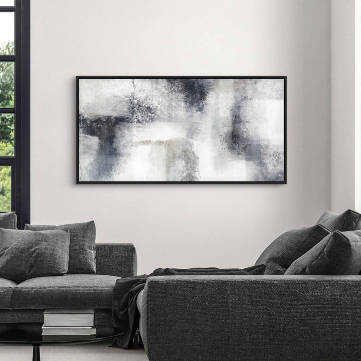 Minimalist Abstract Canvas Wall Art  Styled with Dark Gray Sectional Sofa, Charcoal Throw, Round Black Coffee Table with Stacked Books, and Black-Framed Window. Perfect for Contemporary Living Room.