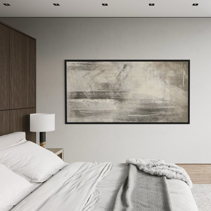 Wide neutral abstract canvas above a modern bed with white bedding and a grey throw—serene greige wall art to elevate a minimalist bedroom.