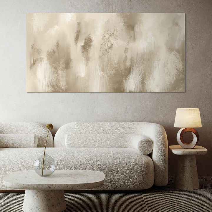Large Minimalist Abstract Canvas Wall Art in Cozy Living Room - Styled With Elegant Cream Boucle Sofa, Stone Round Table and Modern Circular Lamp