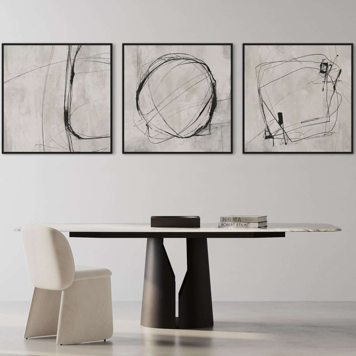 Grey Atelier framed canvas triptych styled in a contemporary dining room