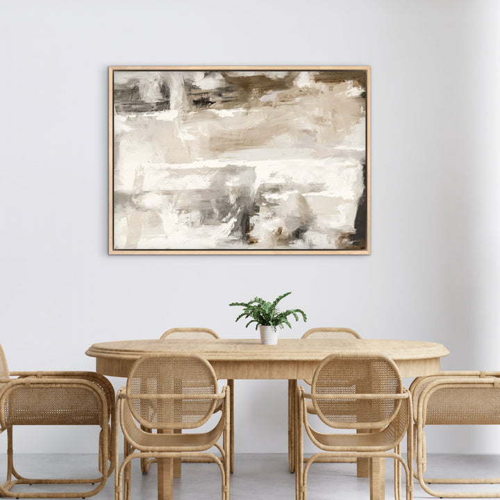 Abstract Art Wall Decor Styled With A Light Wood Dining Table, Cane Rattan Chairs, And A Small Green Plant. Perfect For A Dining Room, Breakfast Nook, Or Minimalist Kitchen.