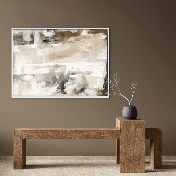Modern Abstract Wall Art Styled With A Sienna-Brown Wall, Sculptural Solid-Wood Bench, Pedestal Table, And Charcoal Vase With Bare Branches. Perfect For A Contemporary Entryway or Hallway