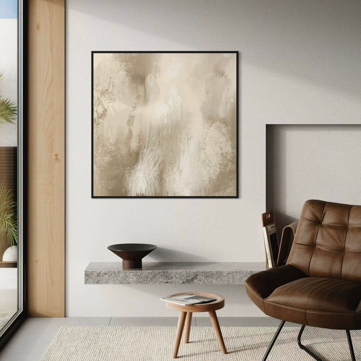 Unique Wall Art Canvas – Home Interior Decor with Brown Scandinavian Accent Chair, Wooden Side Table, and Minimalist Carpet