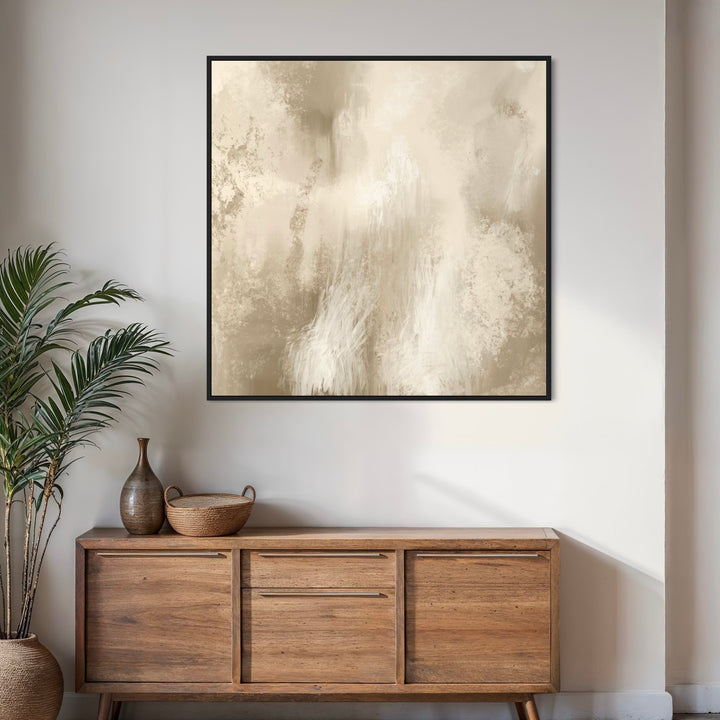 Unique Wall Art Canvas – Entryway Decor with Wooden Console Table, Rusty Color Vase, and Decorative Accents