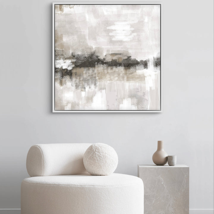 Abstract Wall Art Styled With A Cream Bouclé Lounge Chair, Stone Side Table, And Neutral Ceramic Vases. Perfect For A Minimalist Living Room Or Sitting Area.