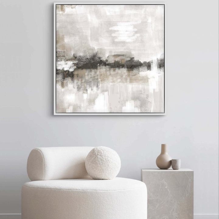 Nude & Grey Clouds framed canvas art styled with neutral contemporary furniture