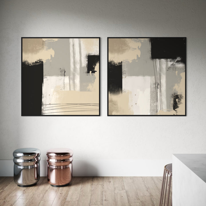 Modern Abstract Framed Canvas Wall Art Set – with Metallic Chrome and Rose Gold Side Stools with Wood Flooring in Minimalist Contemporary Room