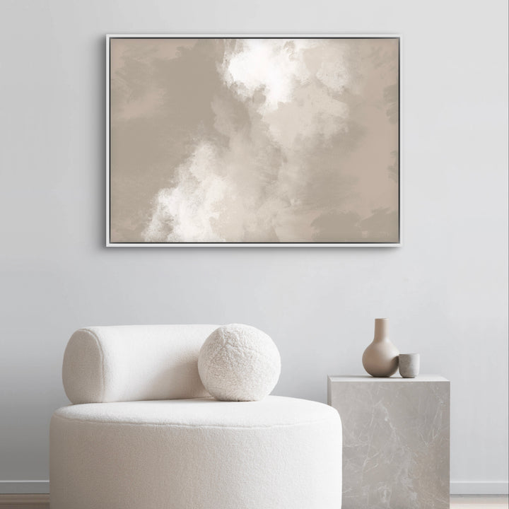 Abstract Art Canvas Wall Interior Above A Cream Bouclé Lounge Chair And Marble Pedestal — Serene Minimal Reading Corner.
