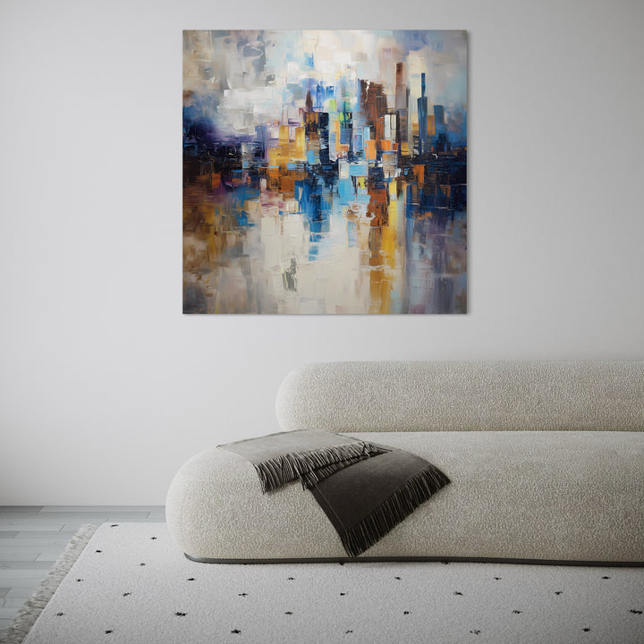 Abstract Cityscape Canvas Wall Art  in Modern With Cream Boucle Sofa and Cream Textured Carpet Perfect in Minimalist Interiors.