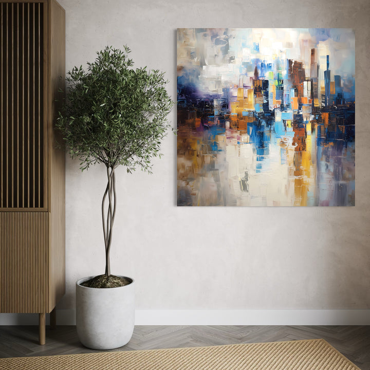 Abstract Cityscape Canvas Wall Art in Organic Minimalism Entryway  Styled With Tall Potted Olive Tree, Vertical Wood-Slat Cabinet and Natural Woven Rug