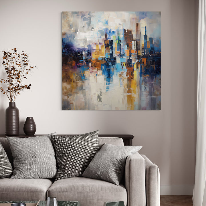 Modern Living Rooms Wall Art Abstract Canvas Styled With Upholstered Sofa in Soft Beige/Gray, Dark Wood Console Table With Tall Ceramic Vases