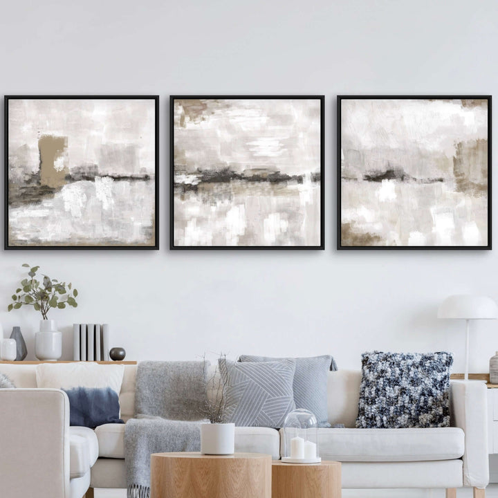 Nude & Grey Clouds framed canvas set of 3 in soft neutral tones - HD London Art