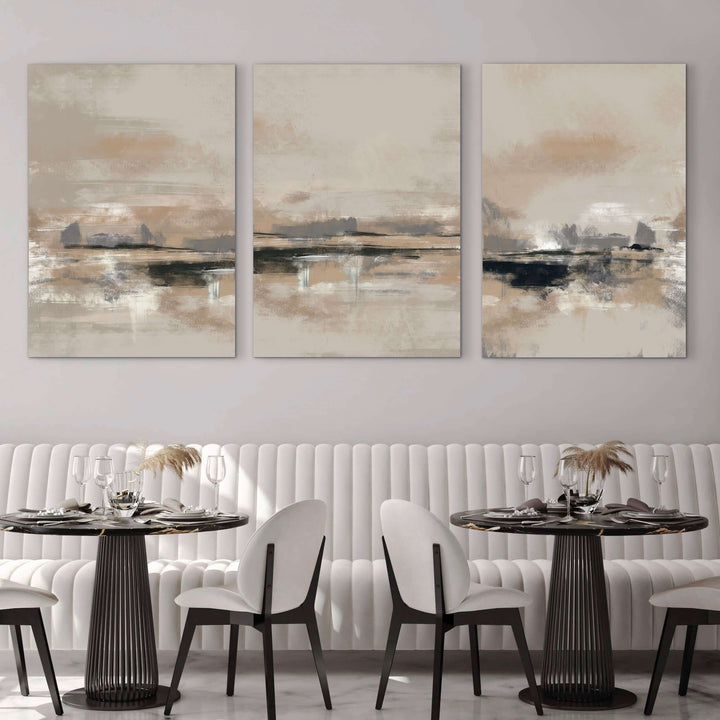 Rome abstract canvas triptych styled in a contemporary dining room
