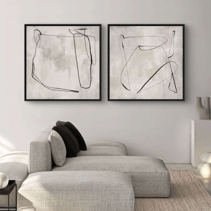 Grey Horizon framed canvas set displayed in a minimalist neutral living room