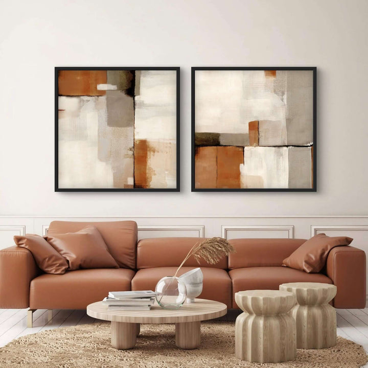Sahara framed canvas pair in a contemporary living room with leather sofa