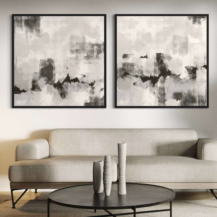 Whisper Grey framed canvas pair displayed in a minimalist living room