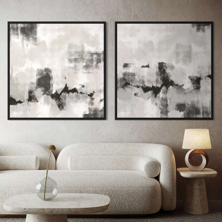 Whisper Grey framed canvas set styled in a modern living room with textured decor
