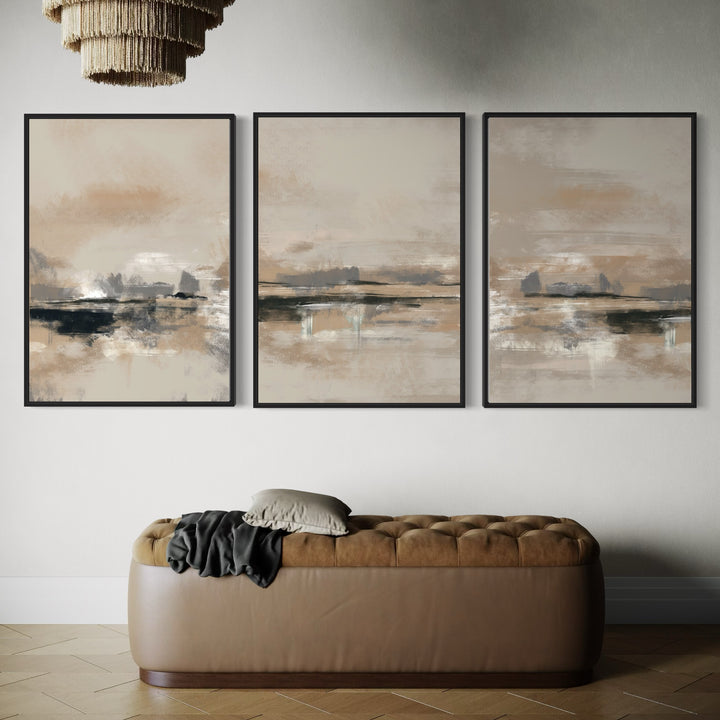 Modern Abstract Art Framed Canvas Triptych Styled with a Camel Tufted Leather Bench, Neutral Pillow and Throw, and Herringbone Tile Flooring. Perfect for a Minimalist Entryway or Living Room.