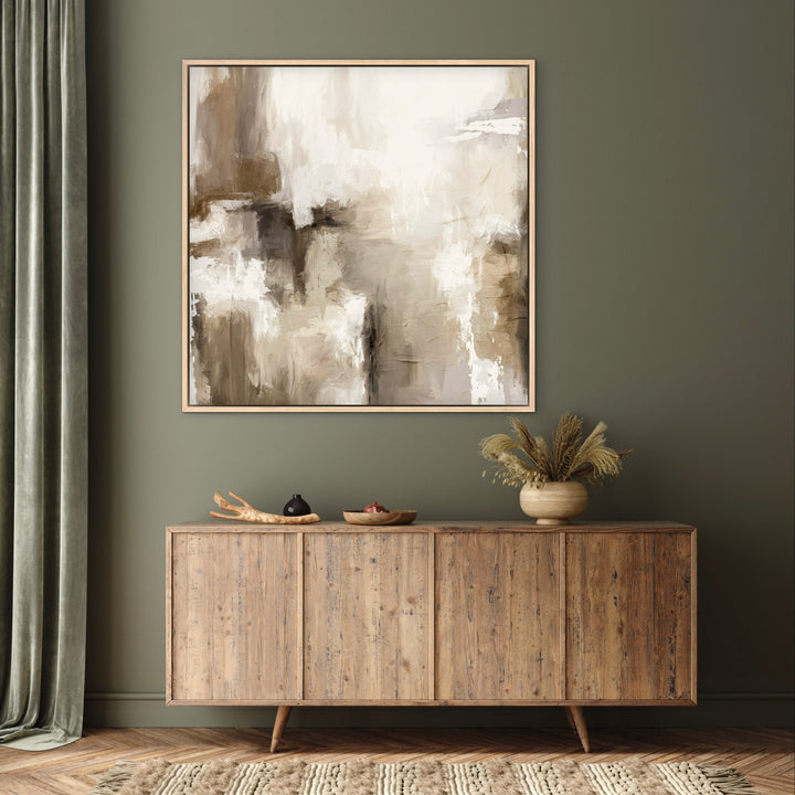 Minimalist Abstract Art Styled With Rustic Wood Sideboard, Wooden Bowls, And A Neutral Vase With Dried Stems. Perfect For A Cozy Entryway, Or Earthy Living Space.
