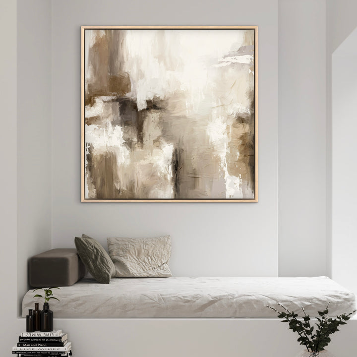 Minimalist Abstract Art Styled With A Built-In Daybed Niche, Neutral Pillows, Stacked Books With Amber Bottles. Perfect For A Calm Reading Nook, Guest Room, Or Minimalist Hallway.