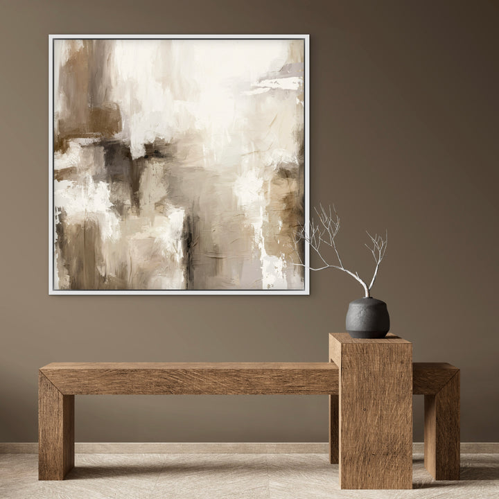 Minimalist Styled With A Sienna-Brown Wall, Sculptural Solid-Wood Bench, Pedestal Table, And Charcoal Vase With Bare Branches. Perfect For A Contemporary Entryway or Hallway