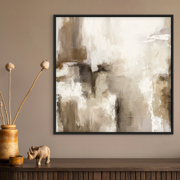 Minimalist Abstract Art Styled With A Fluted Wood Sideboard, Rustic Ceramic Vase With Dried Pods, Small Wood Rhino Figurine, And Amber Candle. Perfect For A Earthy Entryway