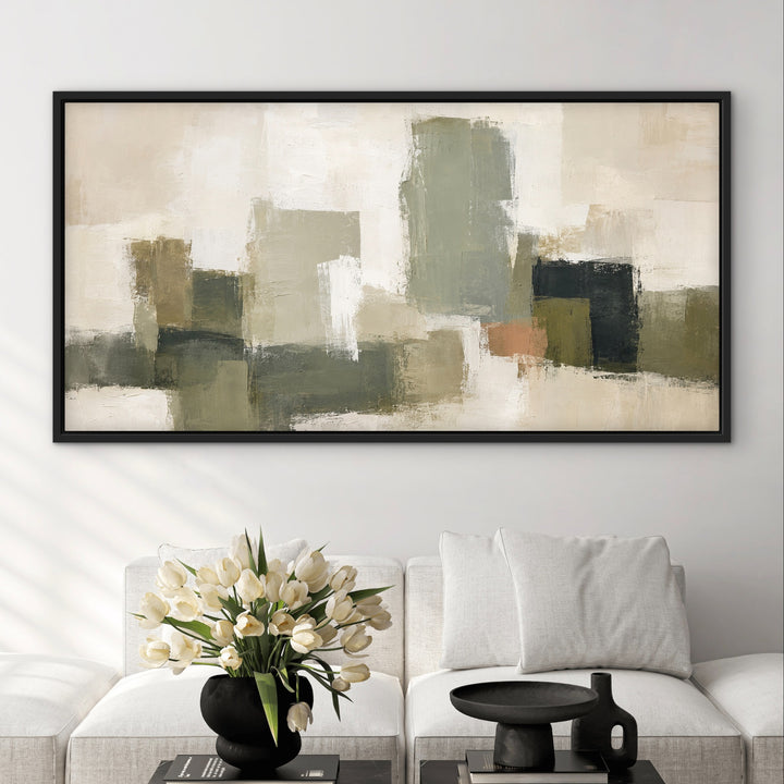 Atelier Blocks modern green panoramic wall art above a white sofa