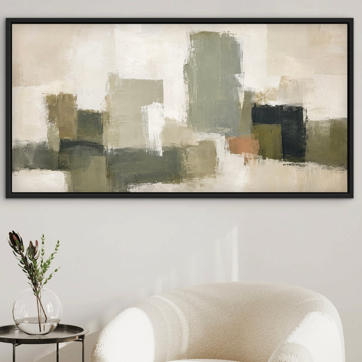 Atelier Blocks green and neutral panoramic framed art in a sunlit reading room
