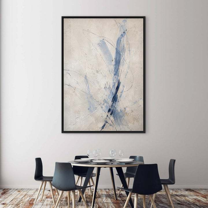 Atelier Lines blue gesture abstract portrait framed canvas above a dining table