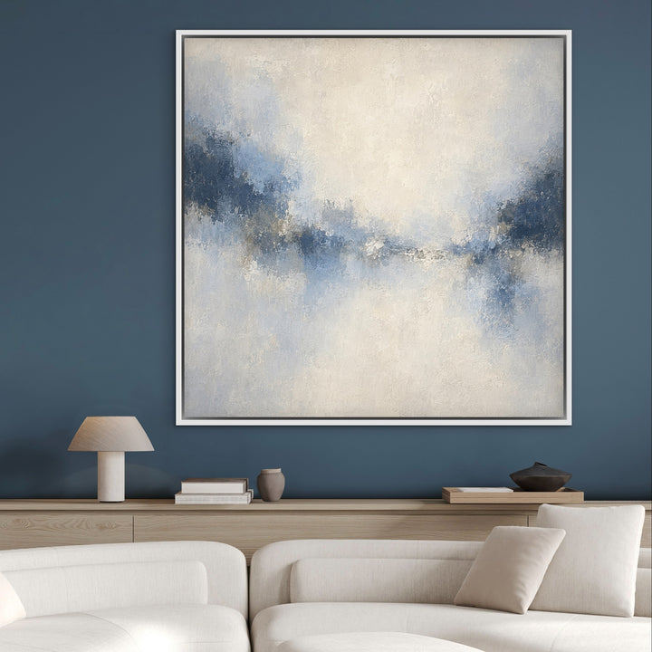 Azure Veil square blue abstract canvas in a white floating frame