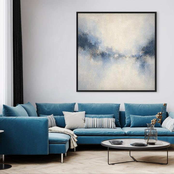 Azure Veil square blue abstract framed canvas above a blue sofa