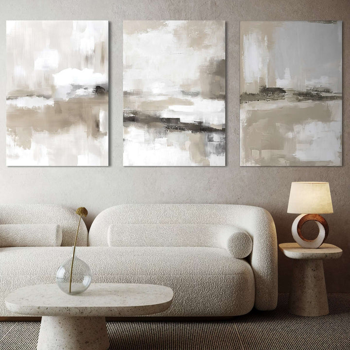 Stone Horizon abstract canvas triptych displayed in a sophisticated neutral living room