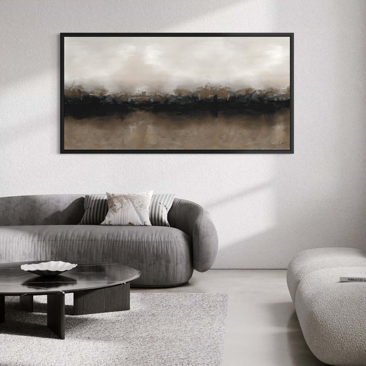 Framed Canvas Brown Coffee styled in a calming contemporary living room