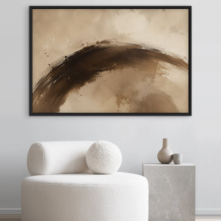 Cacao Gesture brown brushstroke framed canvas in boucle lounge, black frame