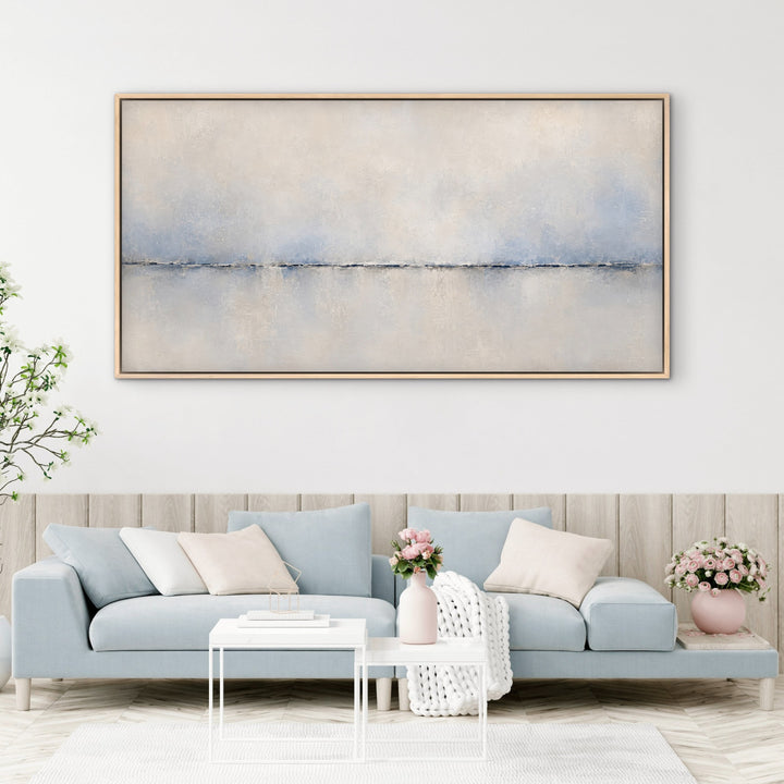 Calma Horizon panoramic blue abstract framed canvas in a pastel living room