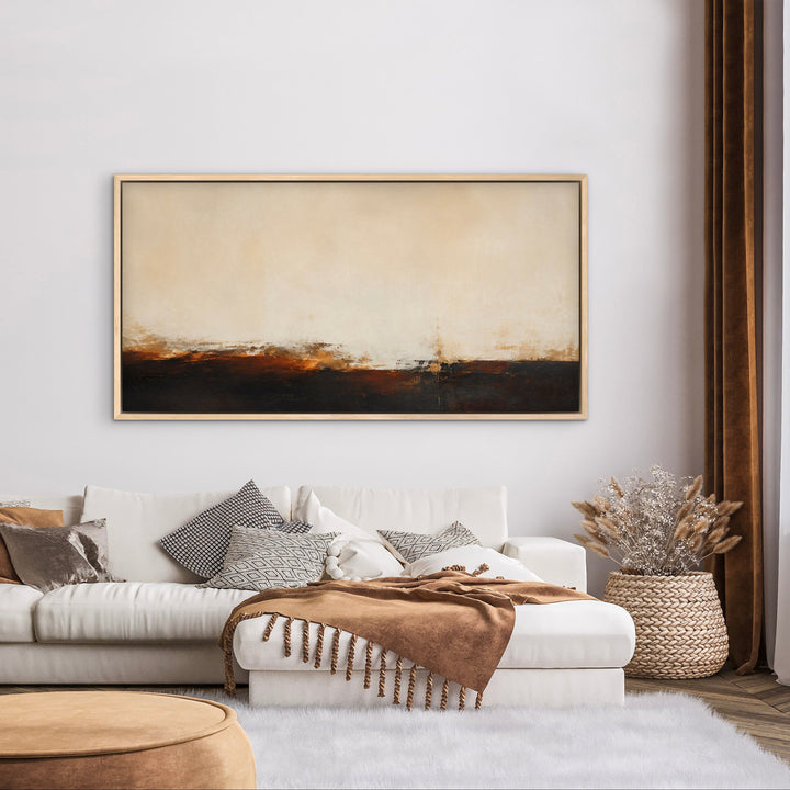 Cinderline panoramic abstract canvas in a warm luxury living room