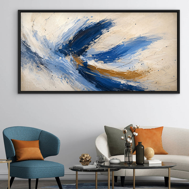 Cobalt Flight blue and gold panoramic abstract framed canvas in a colourful contemporary interior