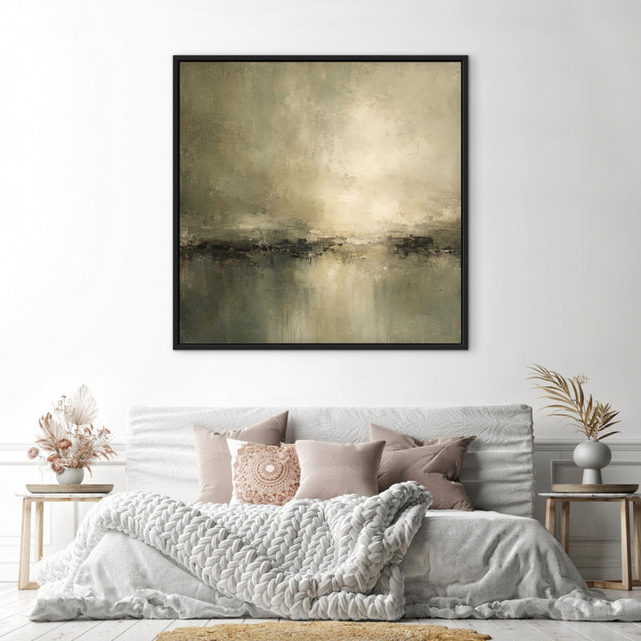 Cypress Gesture sage, cream and black framed canvas styled above a neutral bed