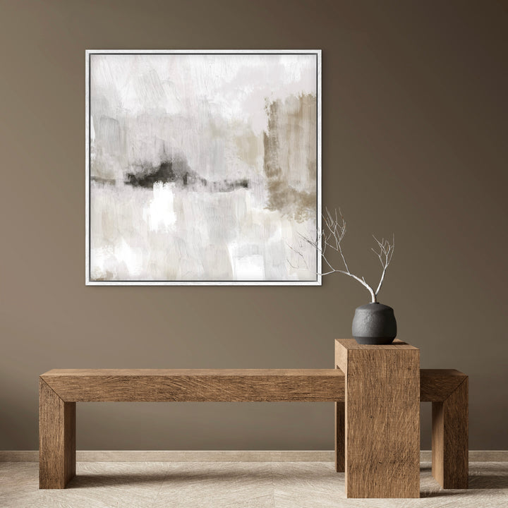 Modern Abstract Art Styled With A Sienna-Brown Wall, Sculptural Solid-Wood Bench, Pedestal Table, And Charcoal Vase With Bare Branches. Perfect For A Contemporary Entryway or Hallway