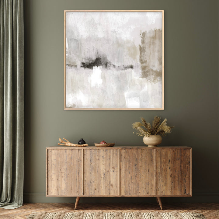 Modern Abstract Art Styled With An Olive-Green Wall, Rustic Wood Sideboard, Sage Curtains, Wooden Bowls, And A Neutral Vase With Dried Stems. Perfect For A Cozy Entryway