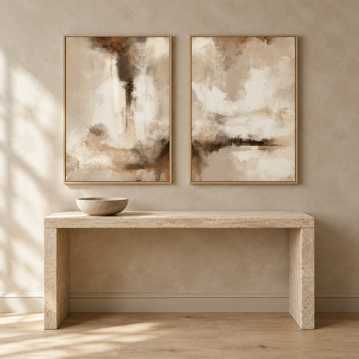 Calm Serenity set of two framed canvases in natural oak frames above a travertine console