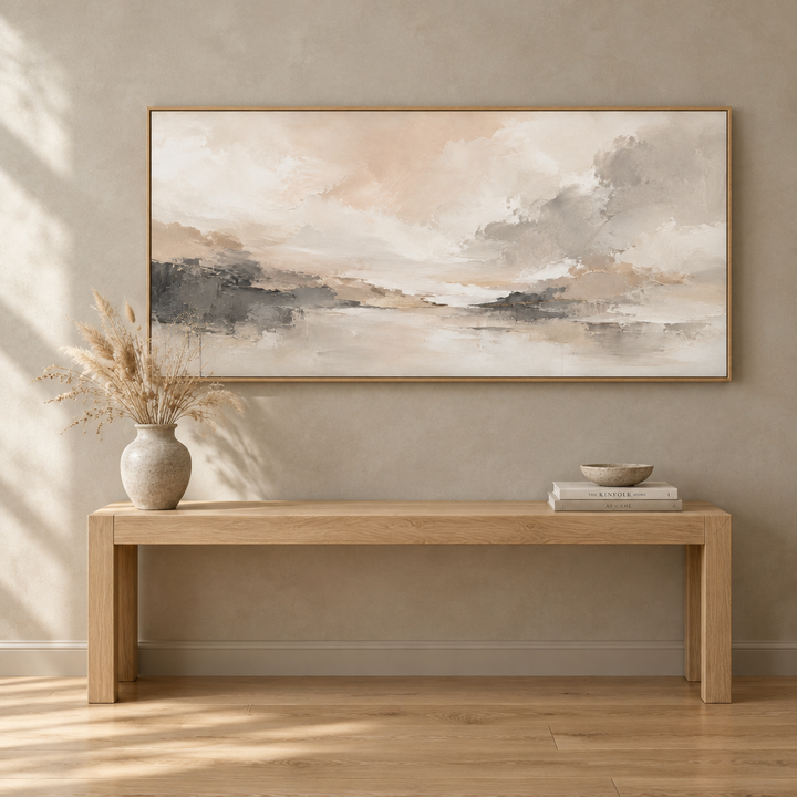Devon soft neutral panoramic framed canvas in a natural oak frame above a pale oak console