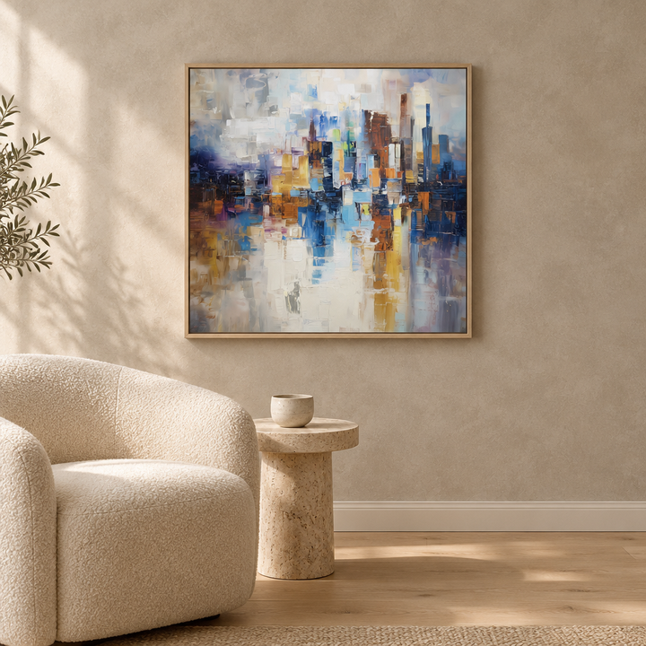 Manhattan Mist city abstract framed canvas in a natural oak frame beside a cream boucle armchair