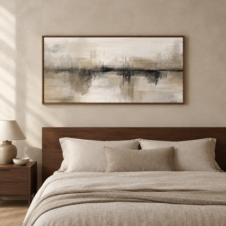 Nude Heaven panoramic abstract framed canvas in a brown wooden frame above a walnut bed